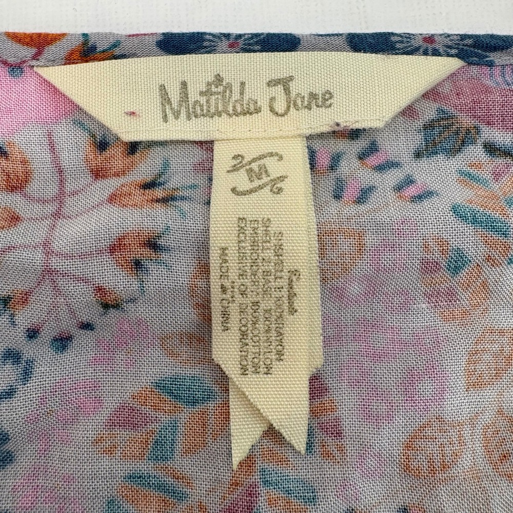 Matilda Jane Womens M Floral Peplum Blouse Boho Lace Trim Tassel Tie Pink Blue - Picture 2 of 6
